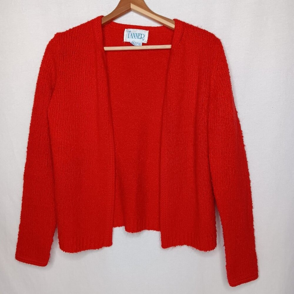 Vtg Tanner Womens Small Sweater Red Cardigan Textured Knit Open Front Holiday